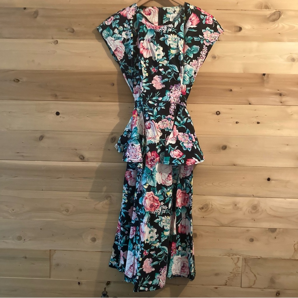 Vintage Brittany Nicole black floral 80s dress with shoulder pads
